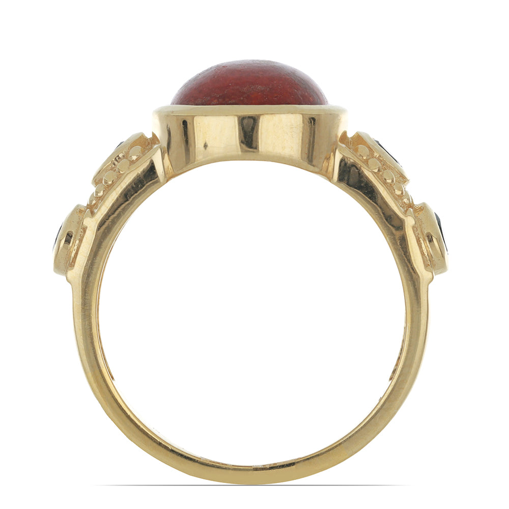 Goldplattierter Silberring mit roter Schwammkoralle und Barton Granat