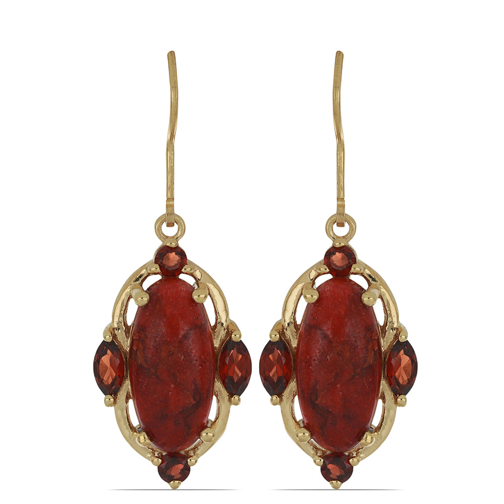 Goldplattierte Silberohrringe mit roter Schwammkoralle und Barton Granat