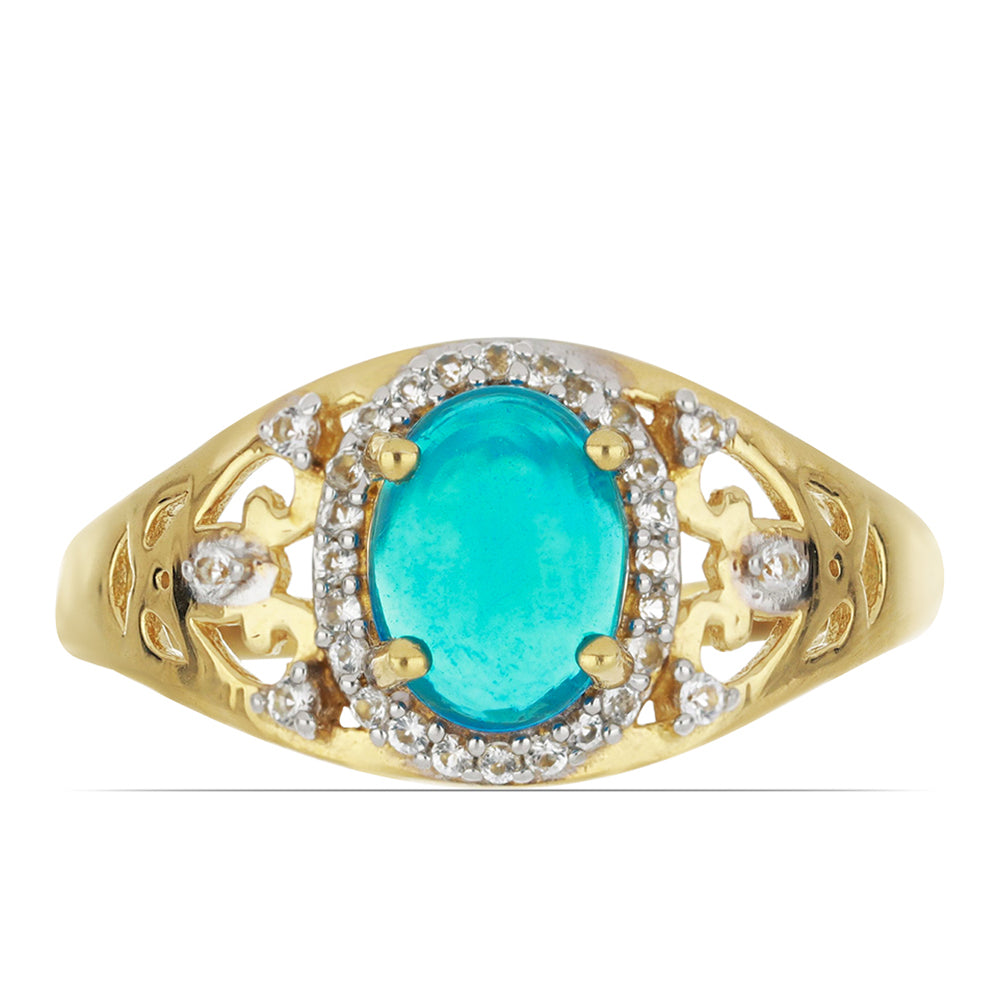 Goldplattierter Silberring mit blauem äthiopischem Opal aus Lega Dembi und weißem Topas 1