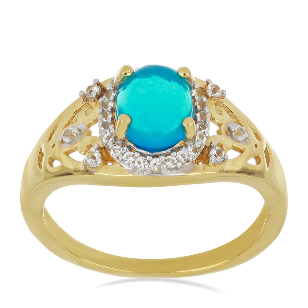 Goldplattierter Silberring mit blauem äthiopischem Opal aus Lega Dembi und weißem Topas 2