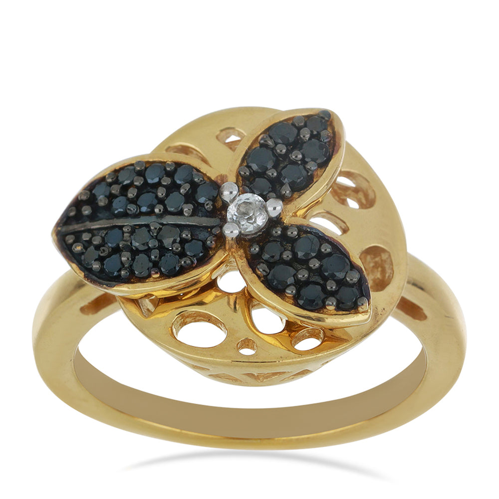 Goldplattierter Silberring mit schwarzem Spinell aus Gorno Badakhshan und weißem Topas