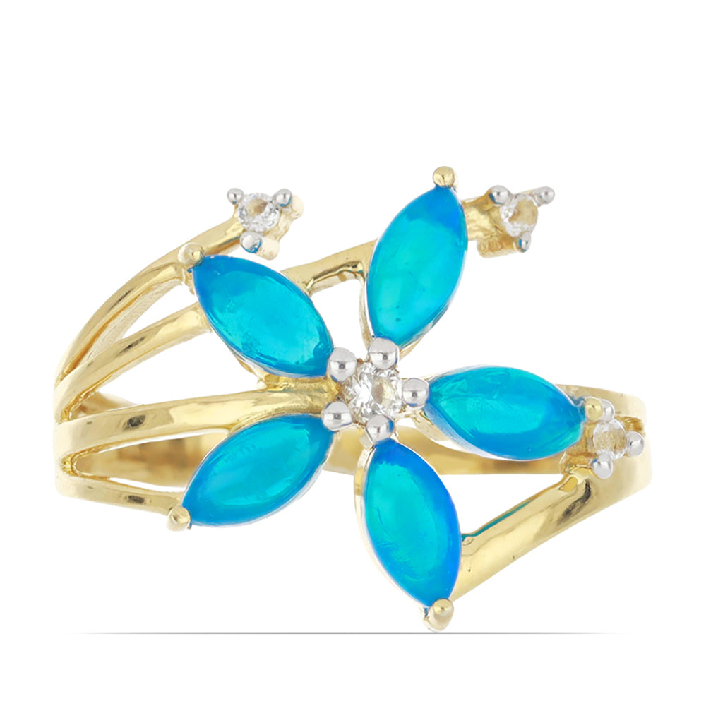 Goldplattierter Silberring mit blauem äthiopischem Opal aus Lega Dembi und weißem Topas