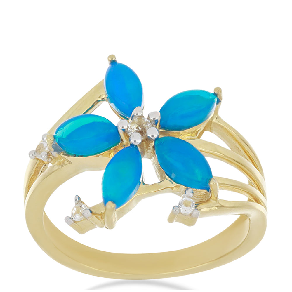 Goldplattierter Silberring mit blauem äthiopischem Opal aus Lega Dembi und weißem Topas 2