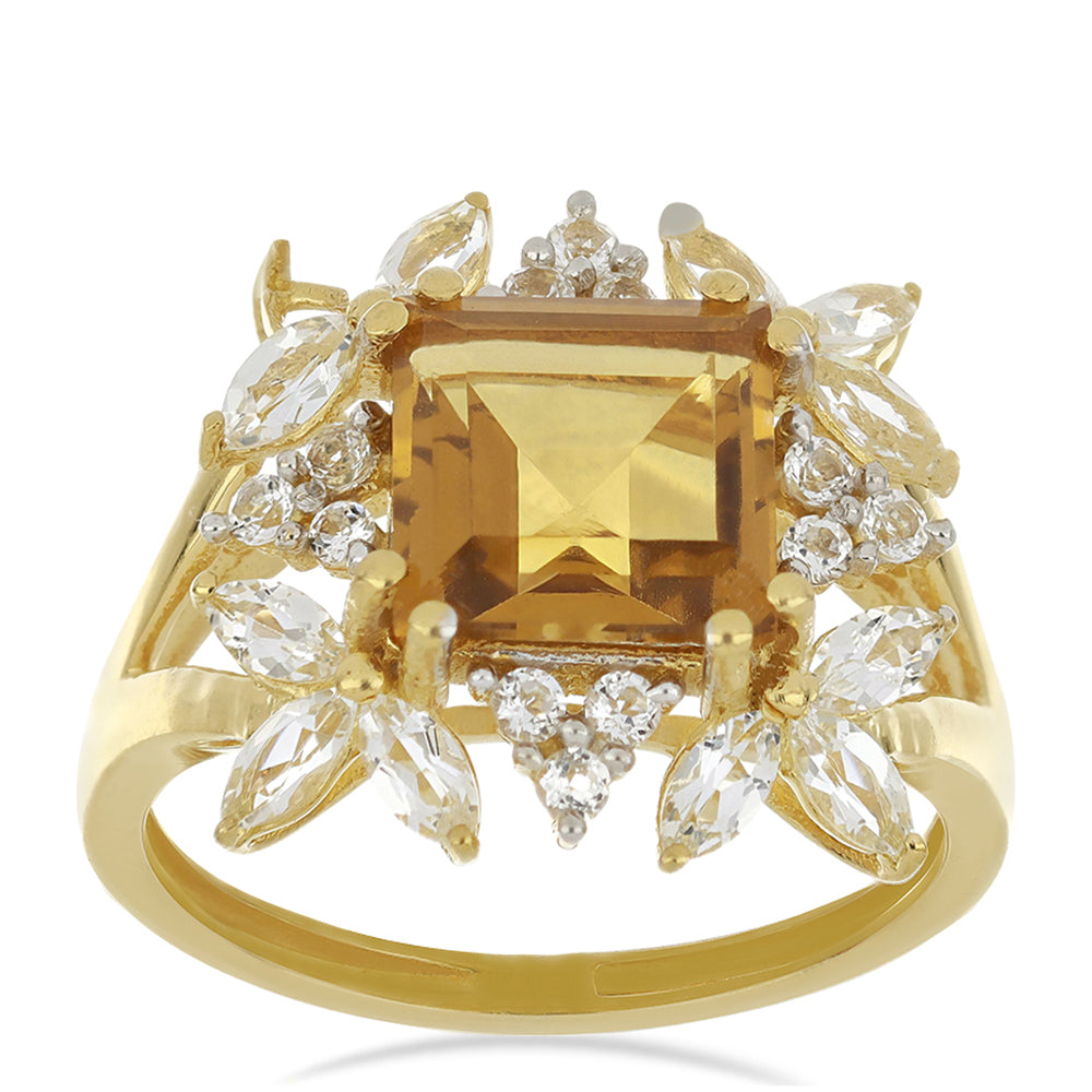 Goldplattierter Silberring mit Cognac-Quarz und weißem Topas