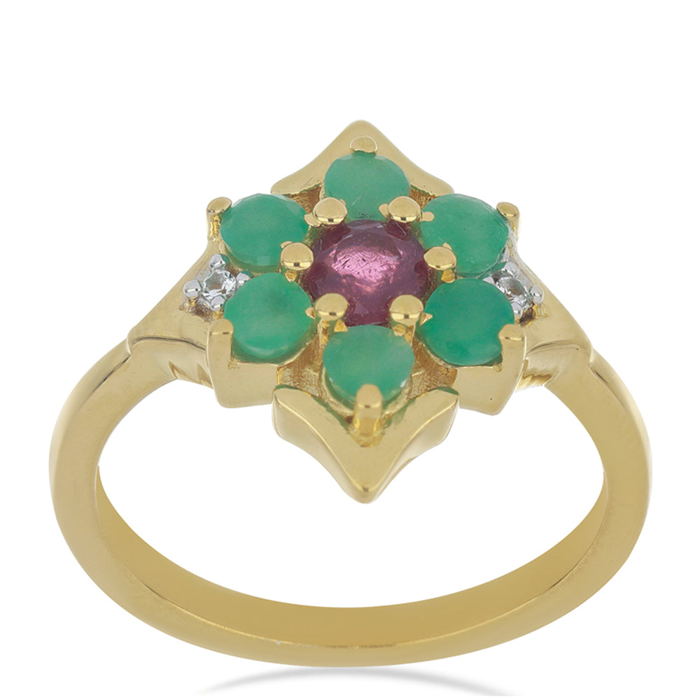 Goldplattierter Silberring mit brasilianischem Smaragd und Rubin aus Madagaskar