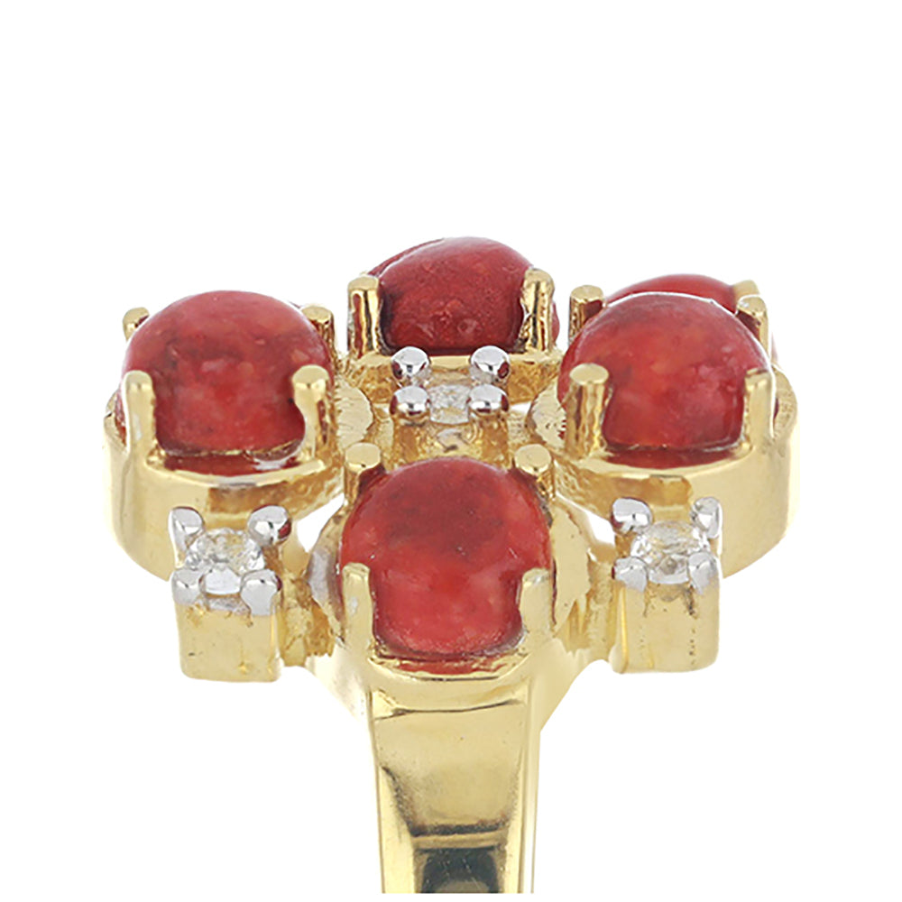 Goldplattierter Silberring mit roter Schwammkoralle und weißem Topas
