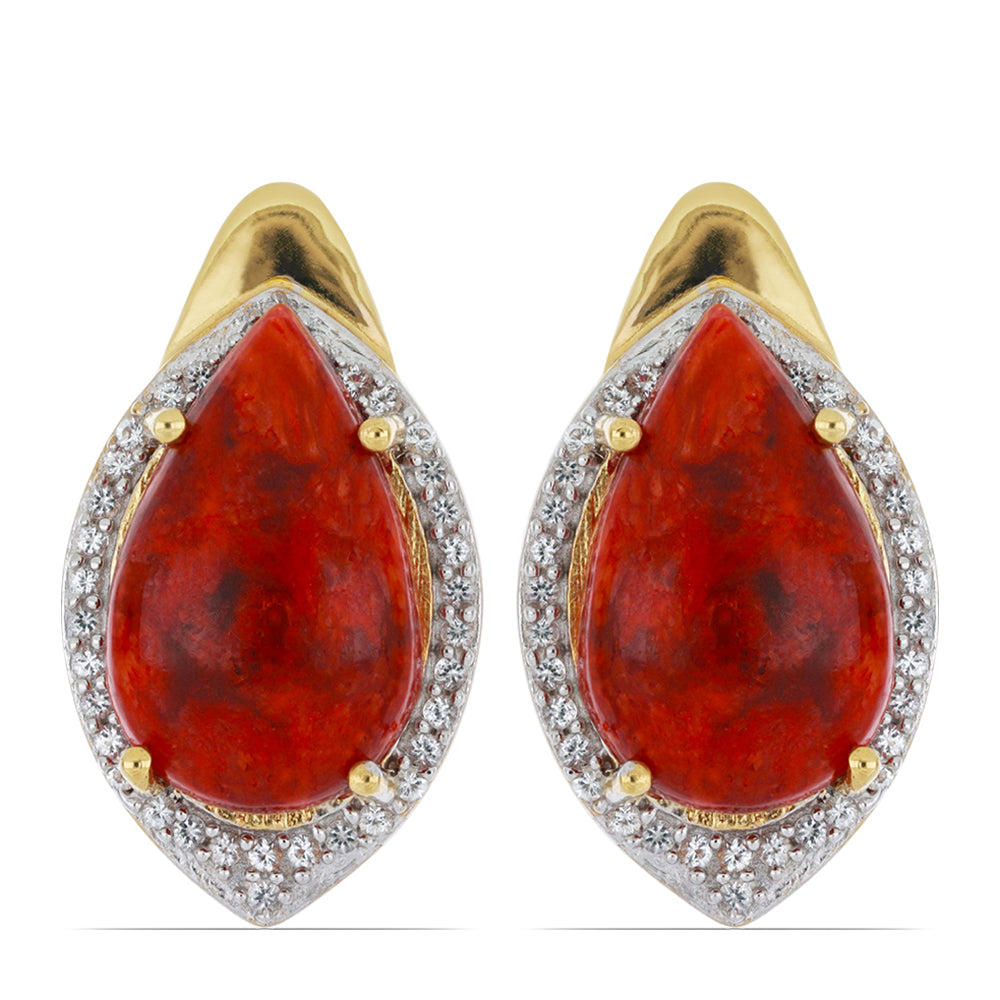 Goldplattierte Silberohrringe mit roter Schwammkoralle und weißem Topas 1