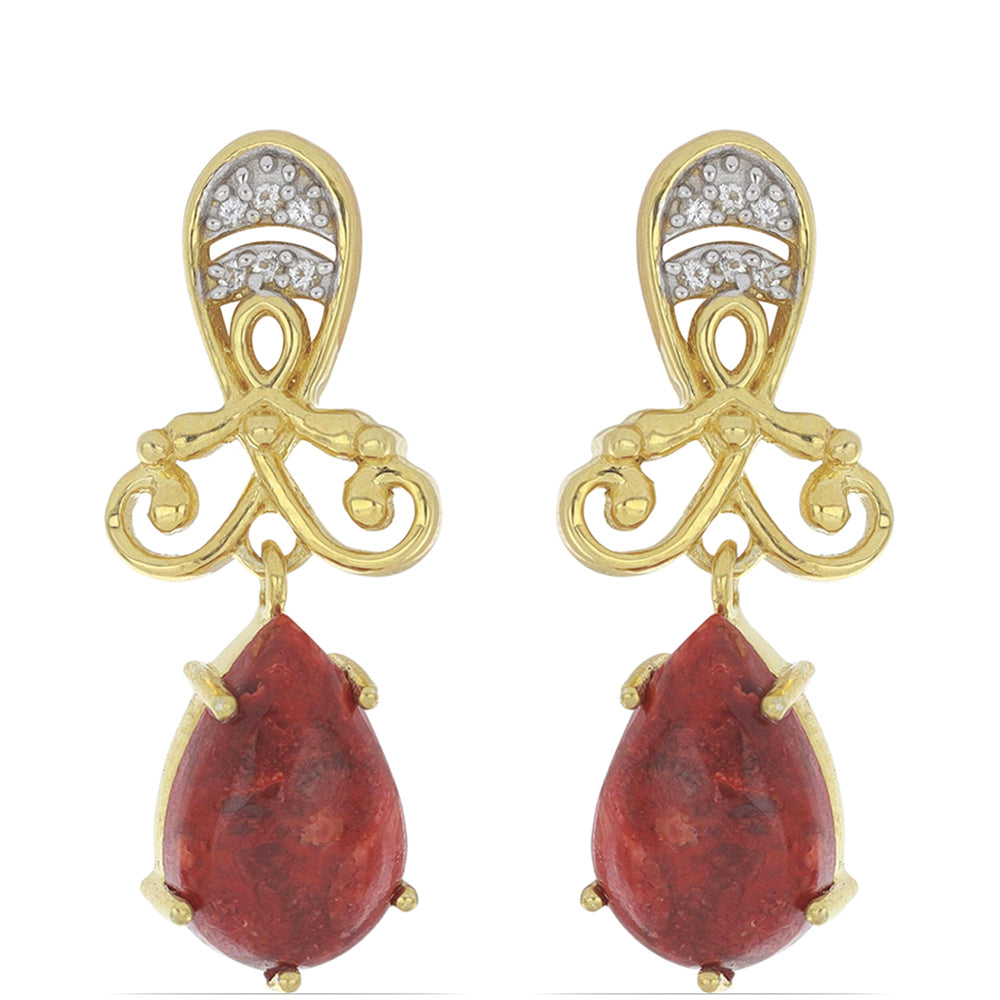 Goldplattierte Silberohrringe mit roter Schwammkoralle und weißem Topas 1