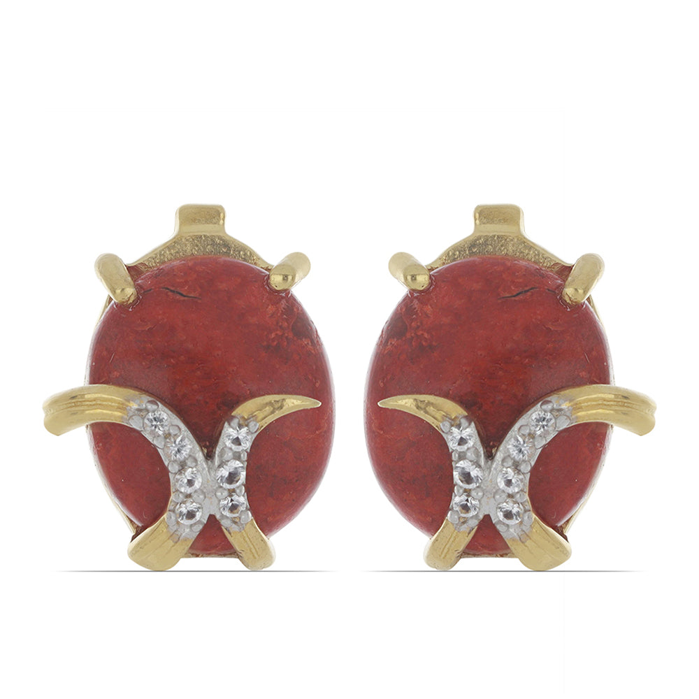 Goldplattierte Silberohrringe mit roter Schwammkoralle und weißem Topas 1
