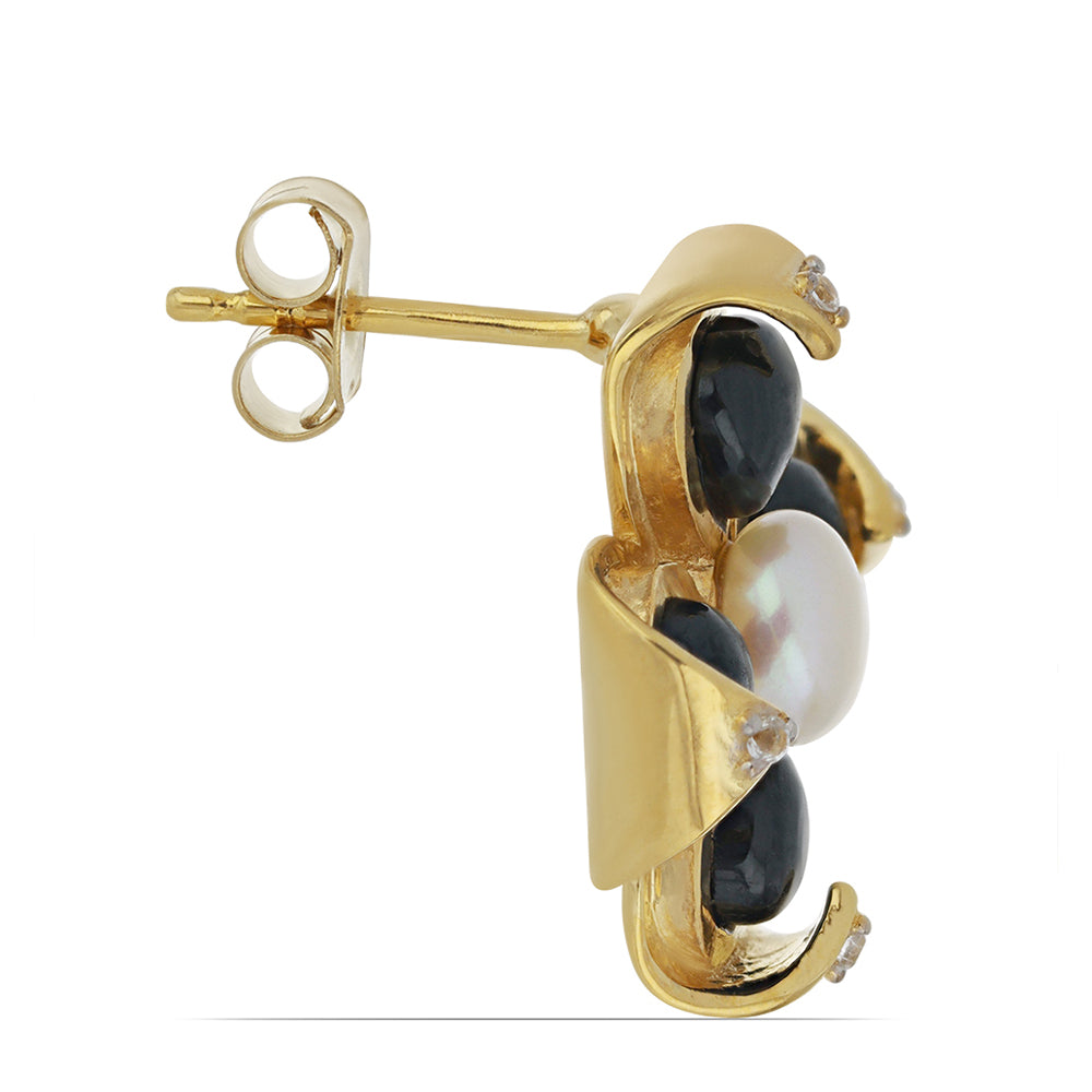 Goldplattierte Silberohrringe mit schwarzem Onyx aus Suwar und weißer Süßwasserperle 2