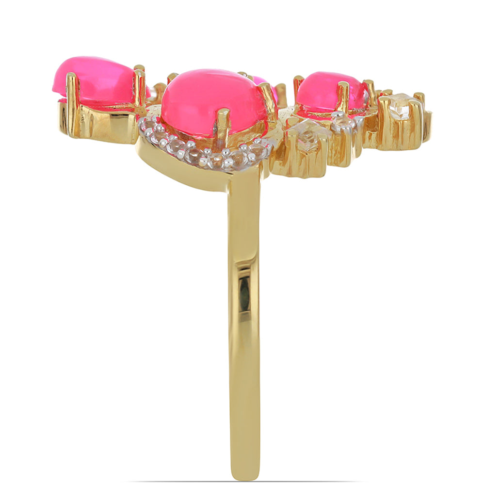 Goldplattierter Silberring mit rosa äthiopischem Opal aus Lega Dembi und weißem Topas