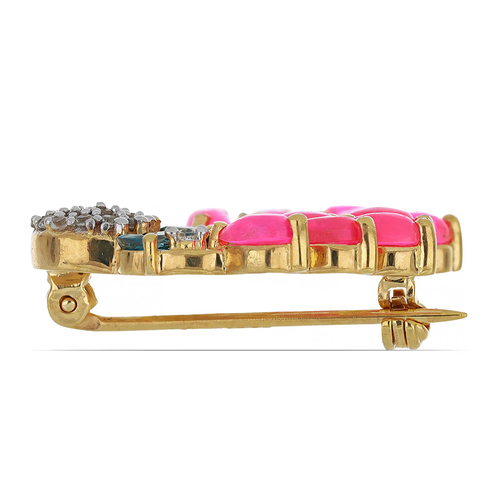Goldplattierte Silberbrosche mit rosa Opal aus Lega Dembi und londonblauem Topas