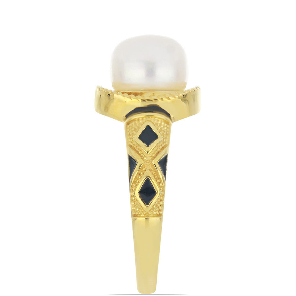 Goldplattierter Silberring mit Emaille und weißer Süßwasserperle