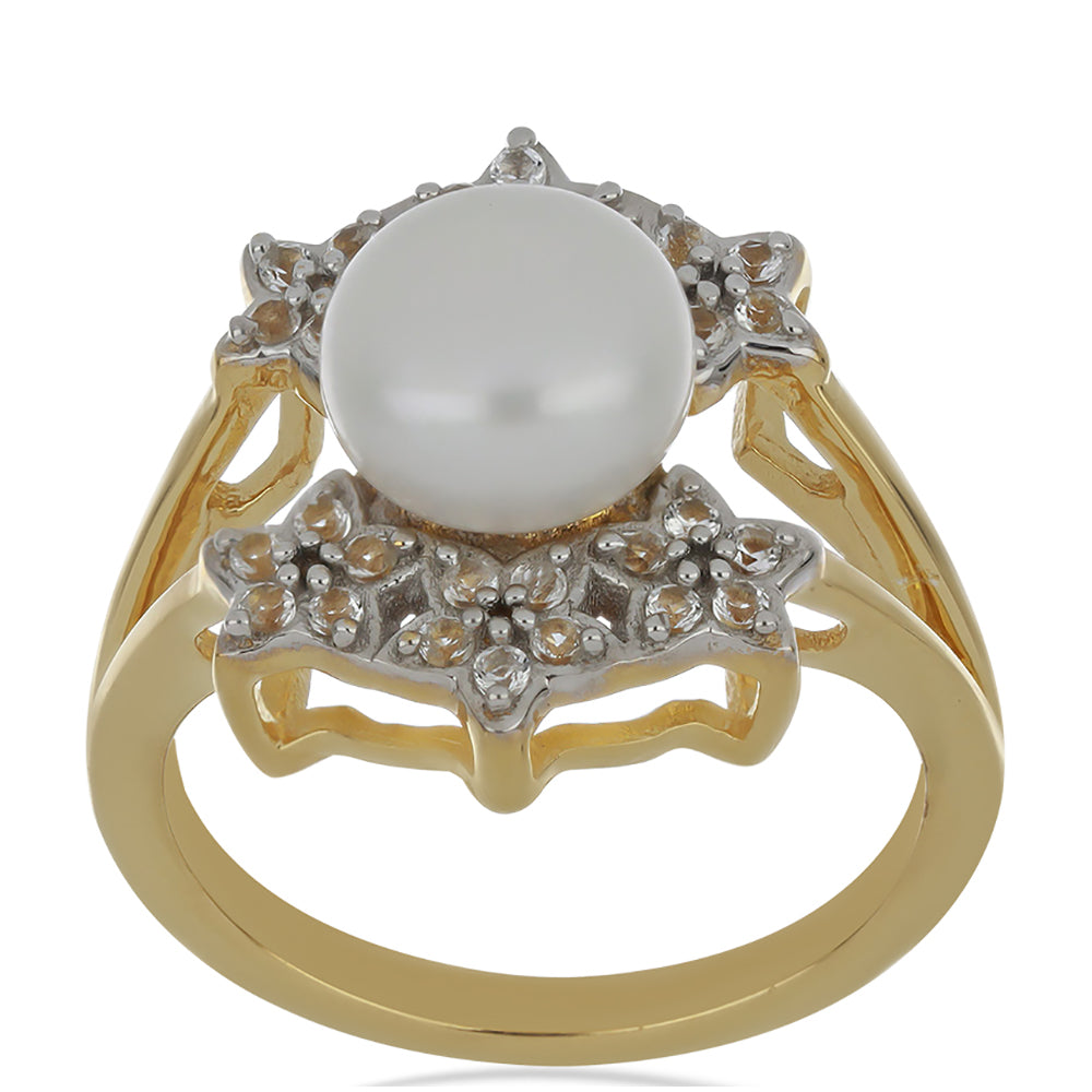 Goldplattierter Silberring mit weißer Süßwasserperle und weißem Topas