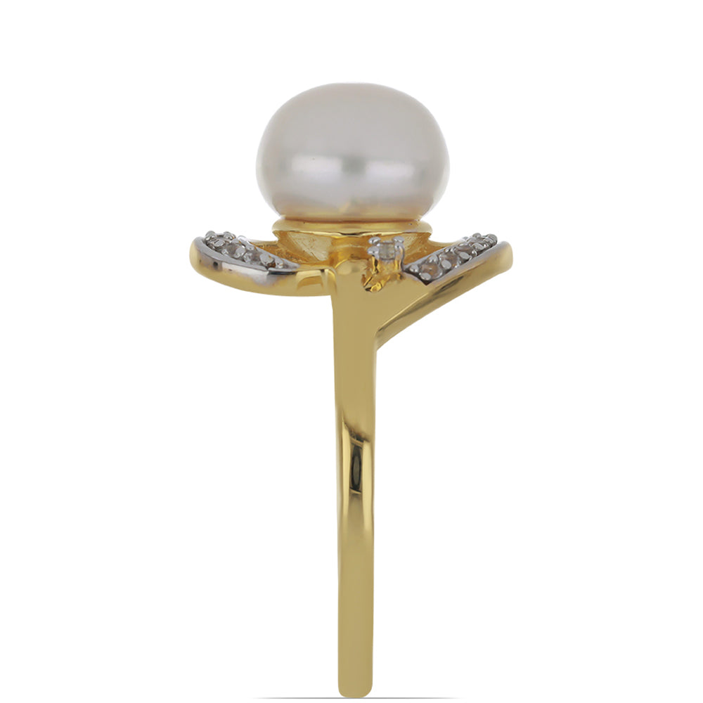 Goldplattierter Silberring mit weißer Süßwasserperle und weißem Topas