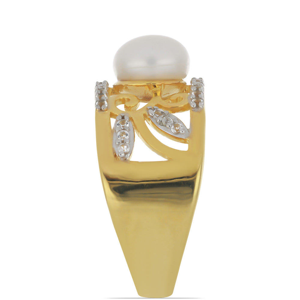 Goldplattierter Silberring mit weißer Süßwasserperle und weißem Topas