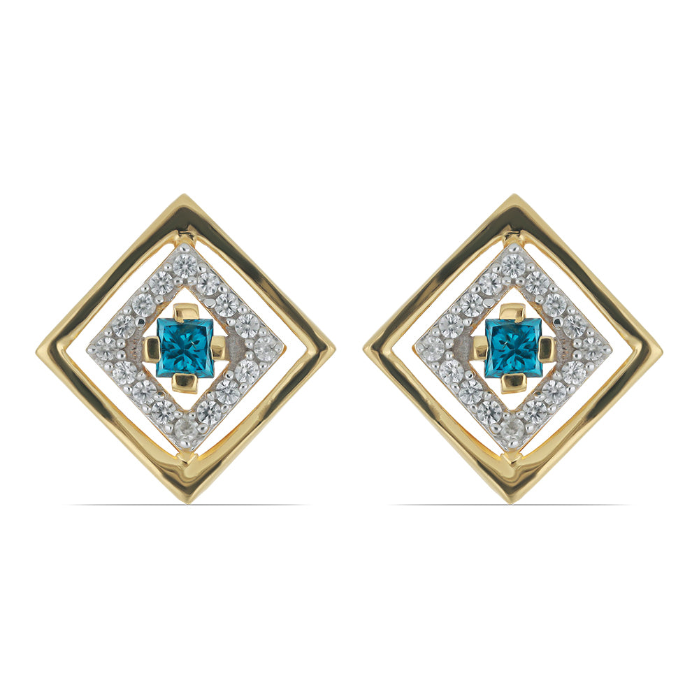 Goldplattierte Silberohrringe mit blauem Diamant und natürlichem weißem Zirkon
