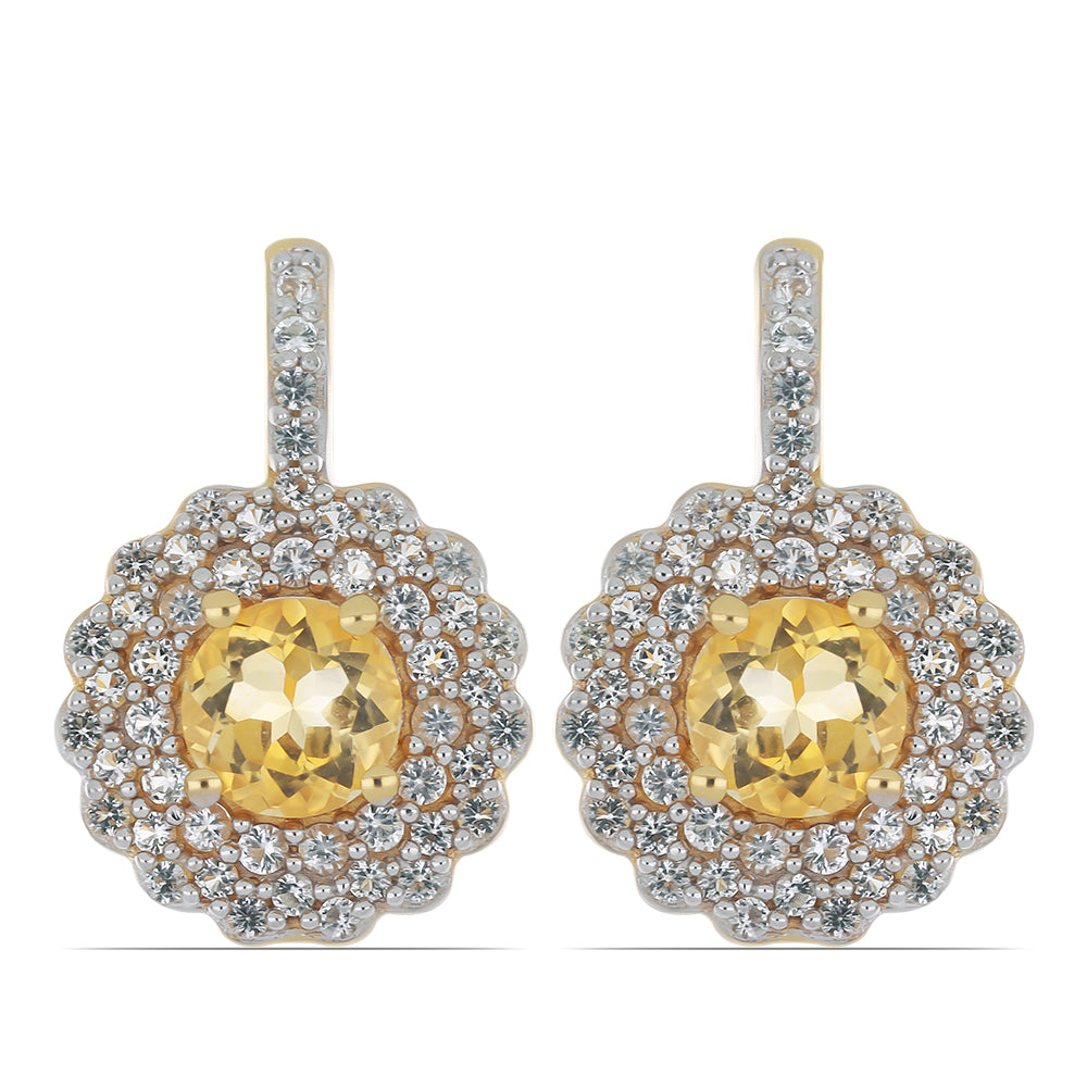 Goldplattierte Silberohrringe mit Zitrin aus dem Ural und weißem Topas