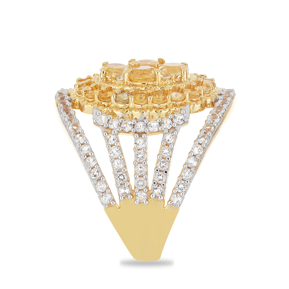 Goldplattierter Silberring mit Zitrin aus dem Ural und weißem Topas