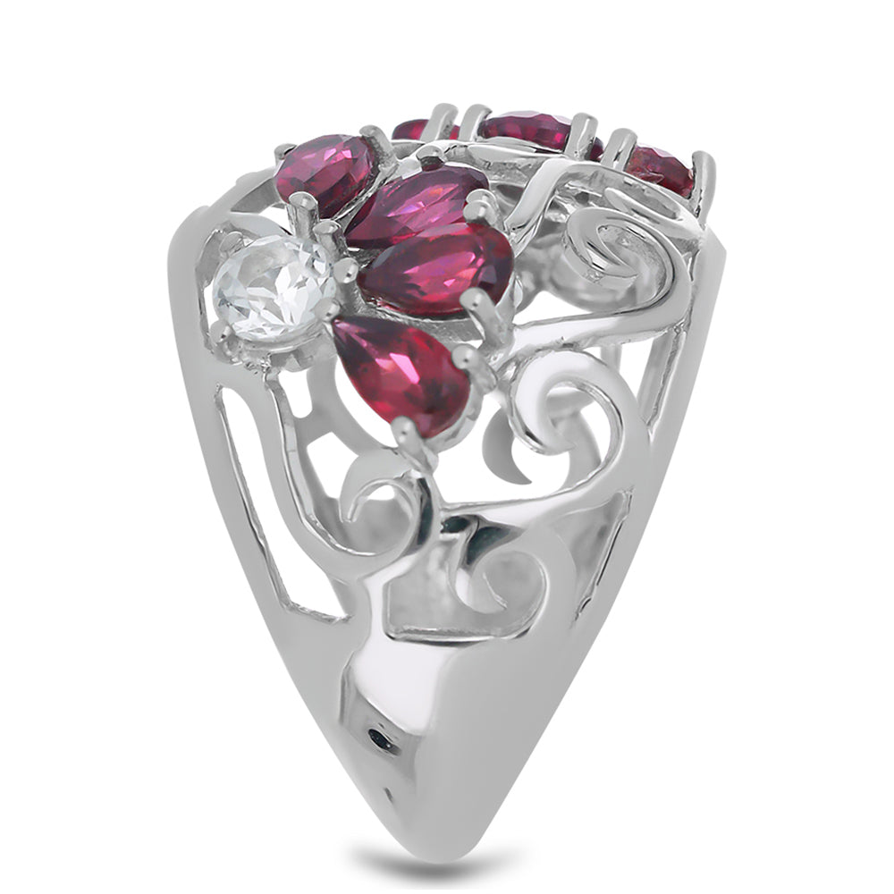 Silberring mit Rhodolith aus Moatize und weißem Topas