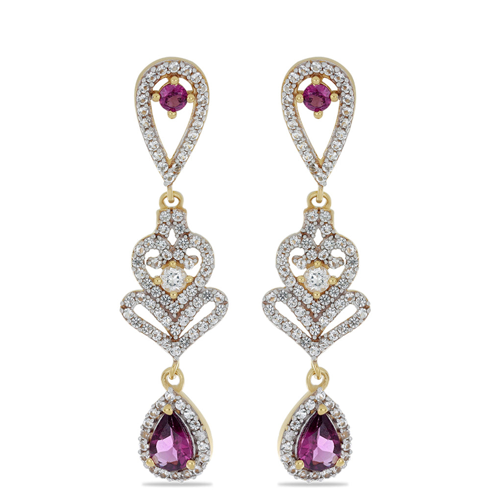 Goldplattierte Silberohrringe mit Rhodolith aus Moatize und weißem Topas 1