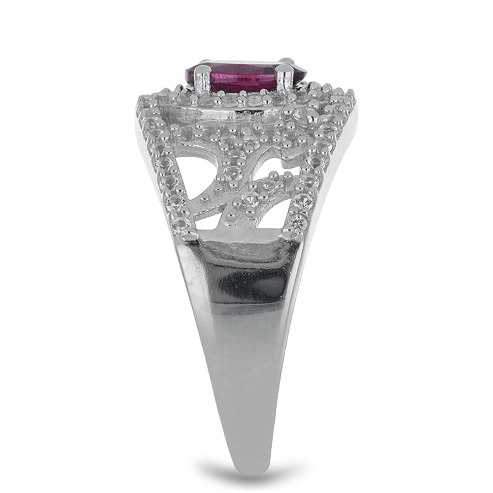 Silberring mit Rhodolith aus Moatize und weißem Topas