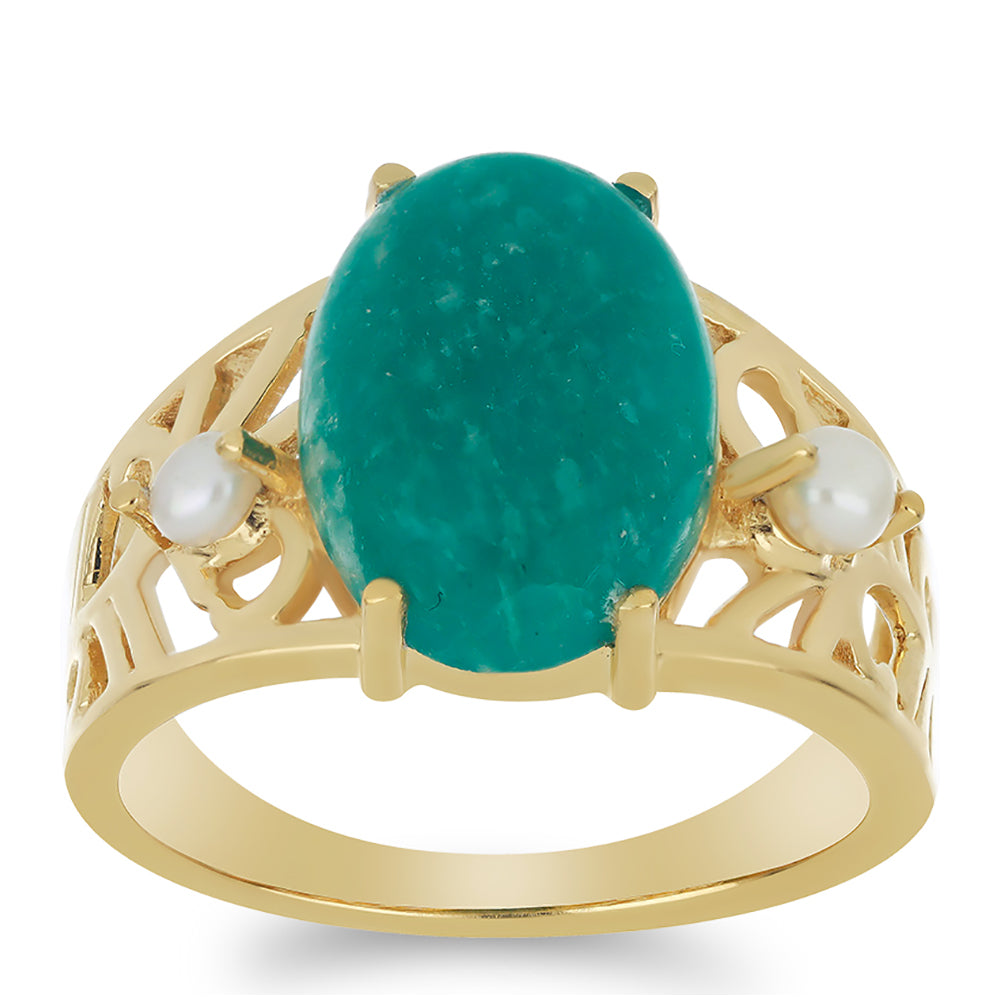 Goldplattierter Silberring mit Amazonit und weißer Süßwasserperle