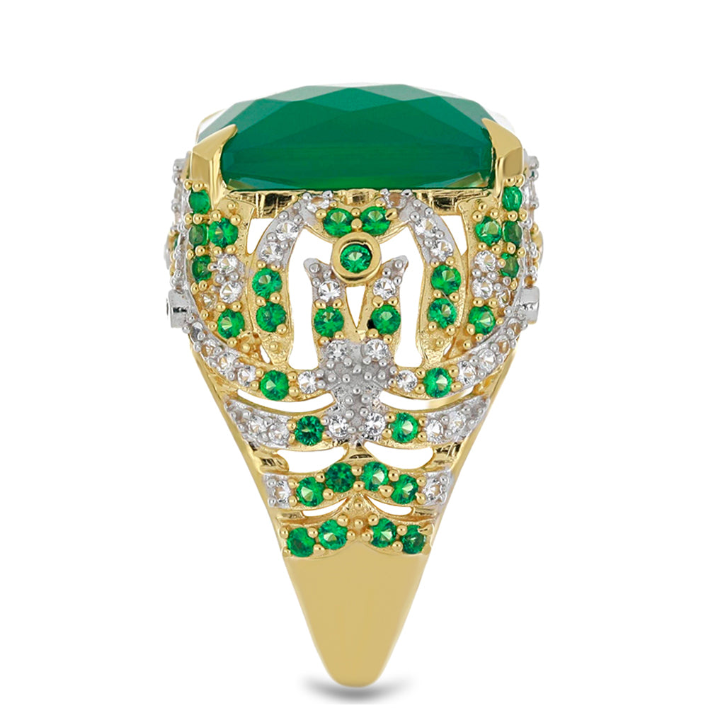 Goldplattierter Silberring mit grünem Achat und weißem Topas