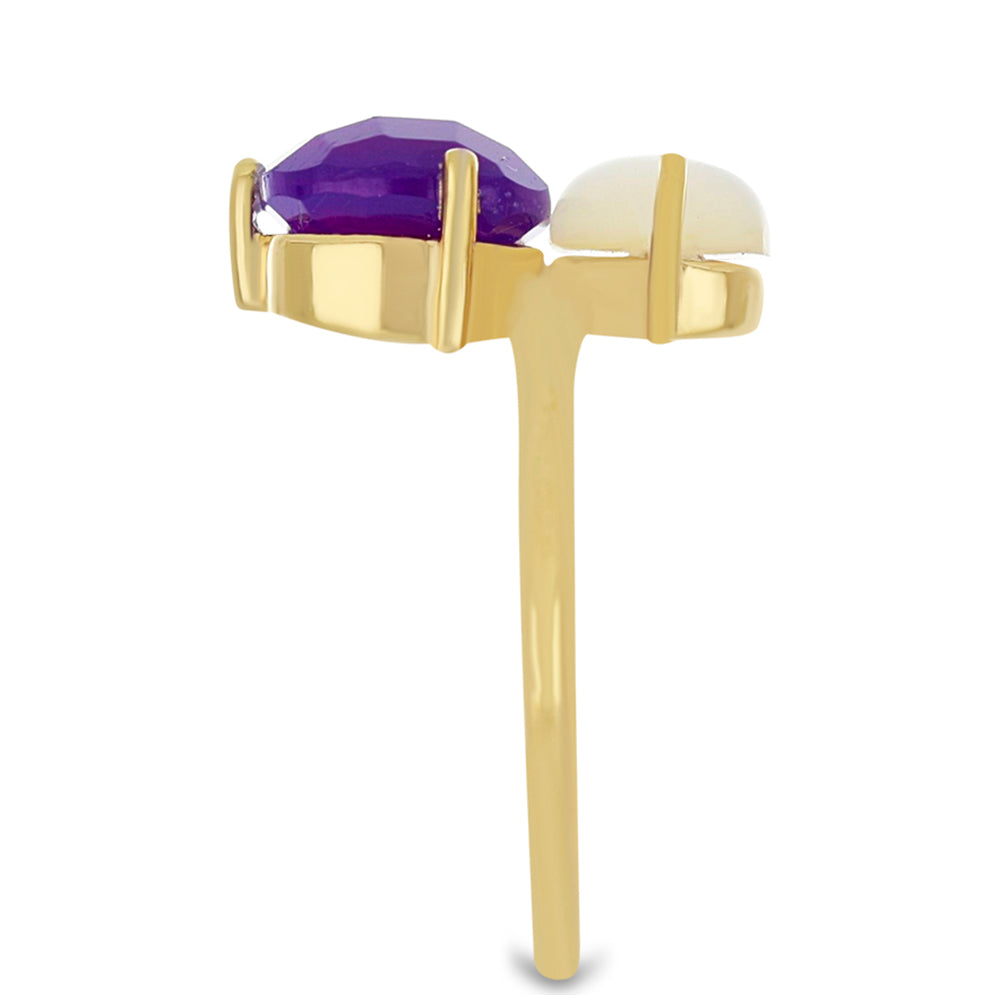 Goldplattierter Silberring mit lila Achat und weißer Süßwasserperle