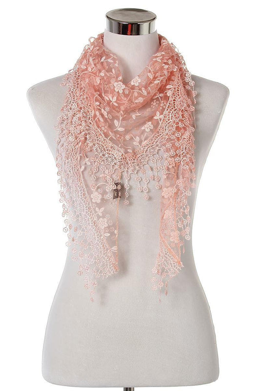Glitter Flower Patterned Triangle Scarf-Shawl, 45 cm x 45 cm x 170 cm, Peach