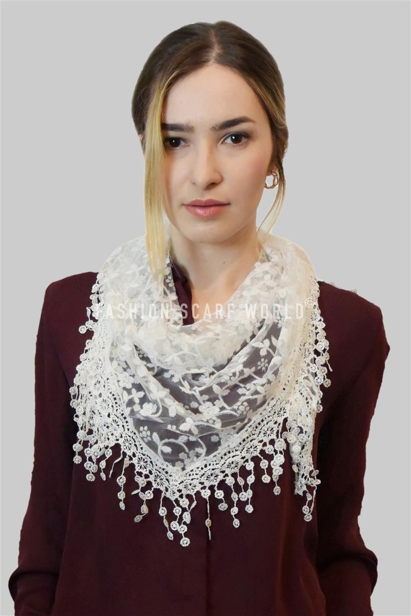 Glitter Flower Patterned Triangle Scarf-Shawl, 45 cm x 45 cm x 170 cm, White