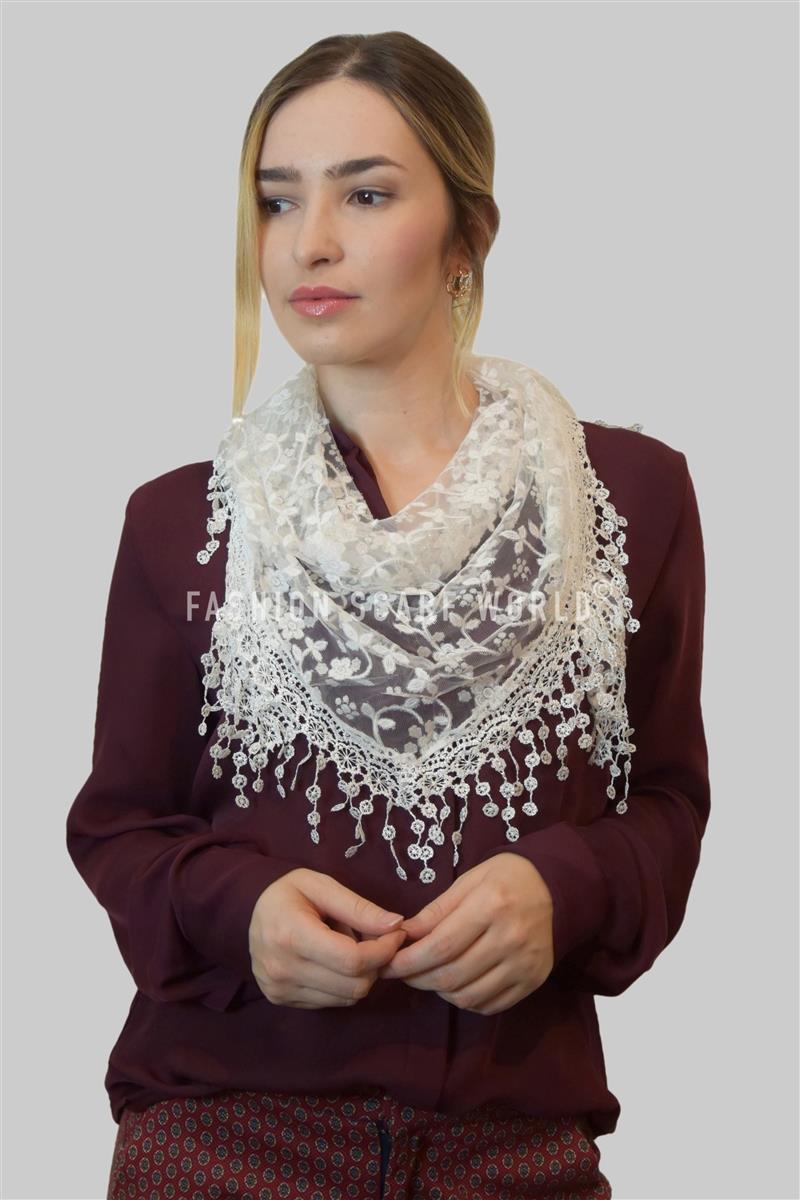 Glitter Flower Patterned Triangle Scarf-Shawl, 45 cm x 45 cm x 170 cm, White 4 