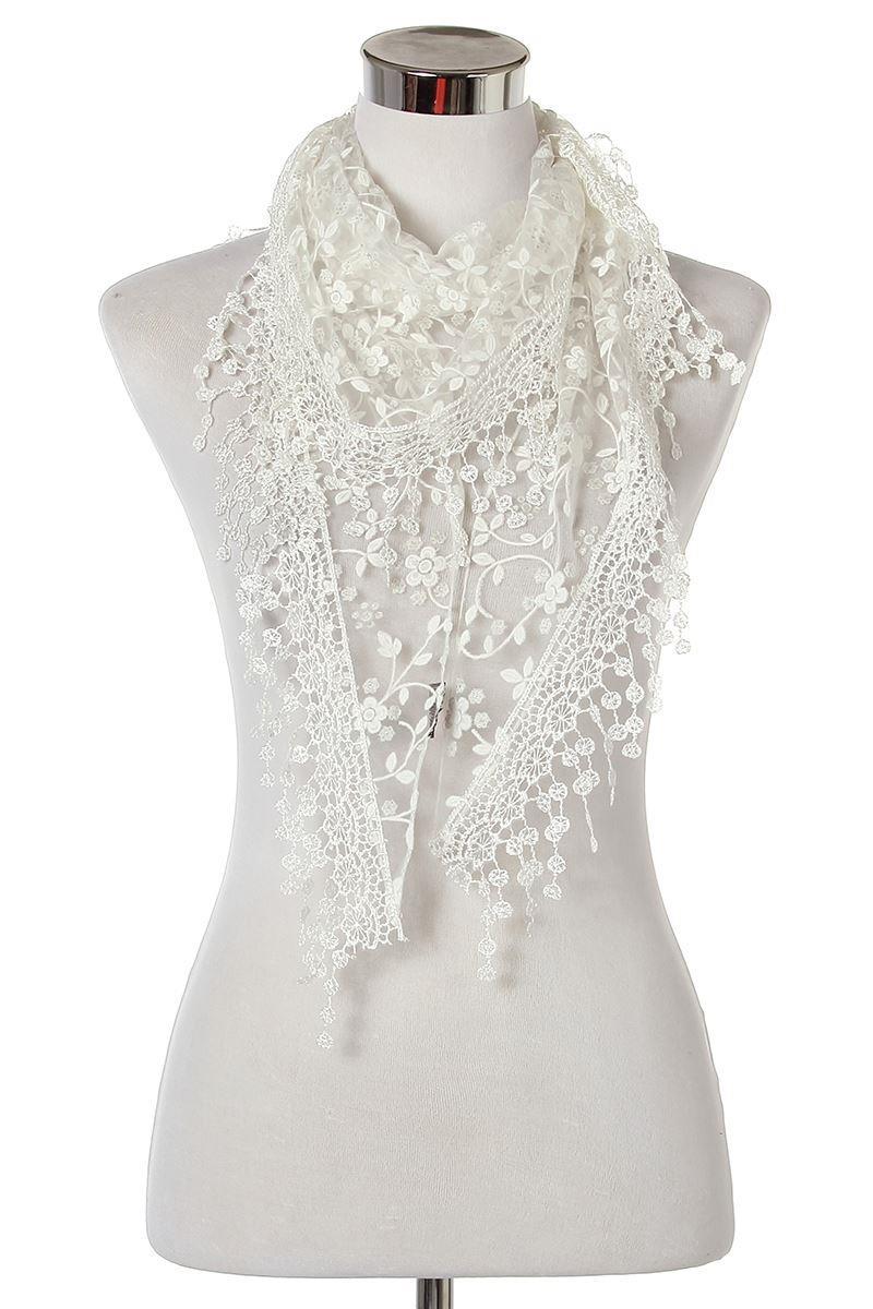 Glitter Flower Patterned Triangle Scarf-Shawl, 45 cm x 45 cm x 170 cm, White