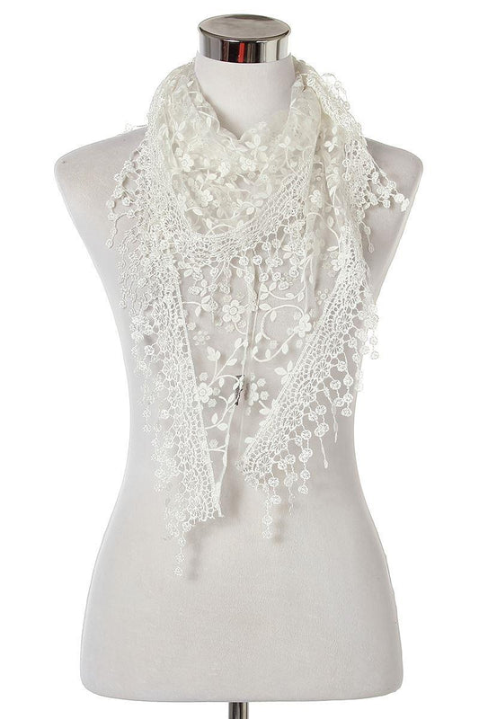 Glitter Flower Patterned Triangle Scarf-Shawl, 45 cm x 45 cm x 170 cm, White