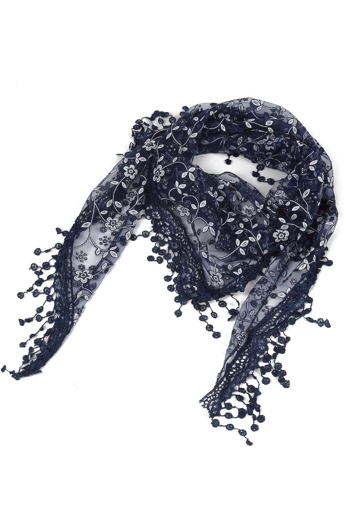 Glitter Flower Patterned Triangle Scarf-Shawl, 45 cm x 45 cm x 170 cm, Navy Blue 1 