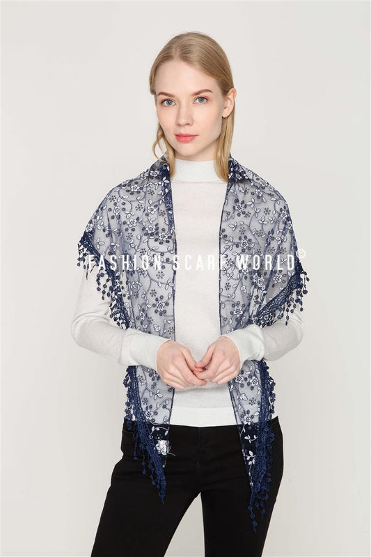 Glitter Flower Patterned Triangle Scarf-Shawl, 45 cm x 45 cm x 170 cm, Navy Blue