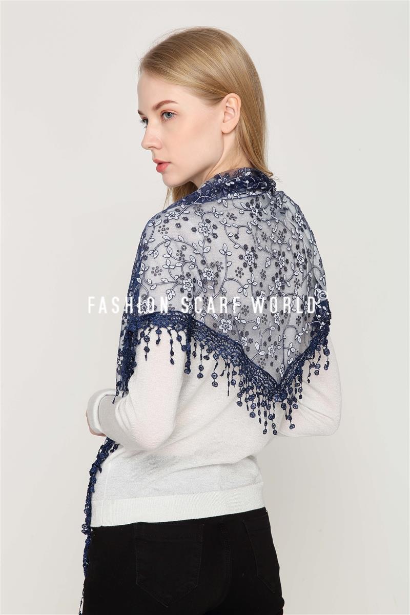 Glitter Flower Patterned Triangle Scarf-Shawl, 45 cm x 45 cm x 170 cm, Navy Blue 3 