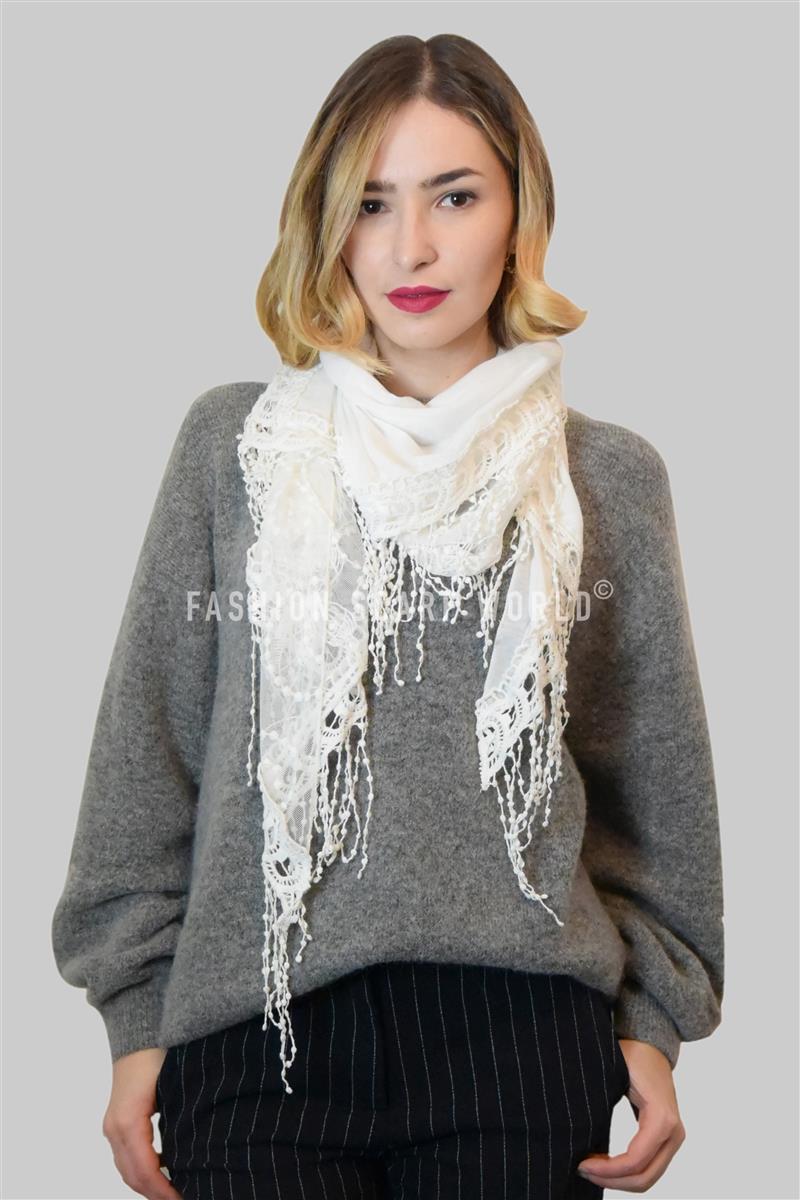 Cotton Trapezoid Scarf-Shawl, 80 cm x 198 cm x 70 cm, Butterfly Lace Patterned, White 2 