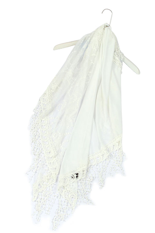 Cotton Trapezoid Scarf-Shawl, 80 cm x 198 cm x 70 cm, Butterfly Lace Patterned, White