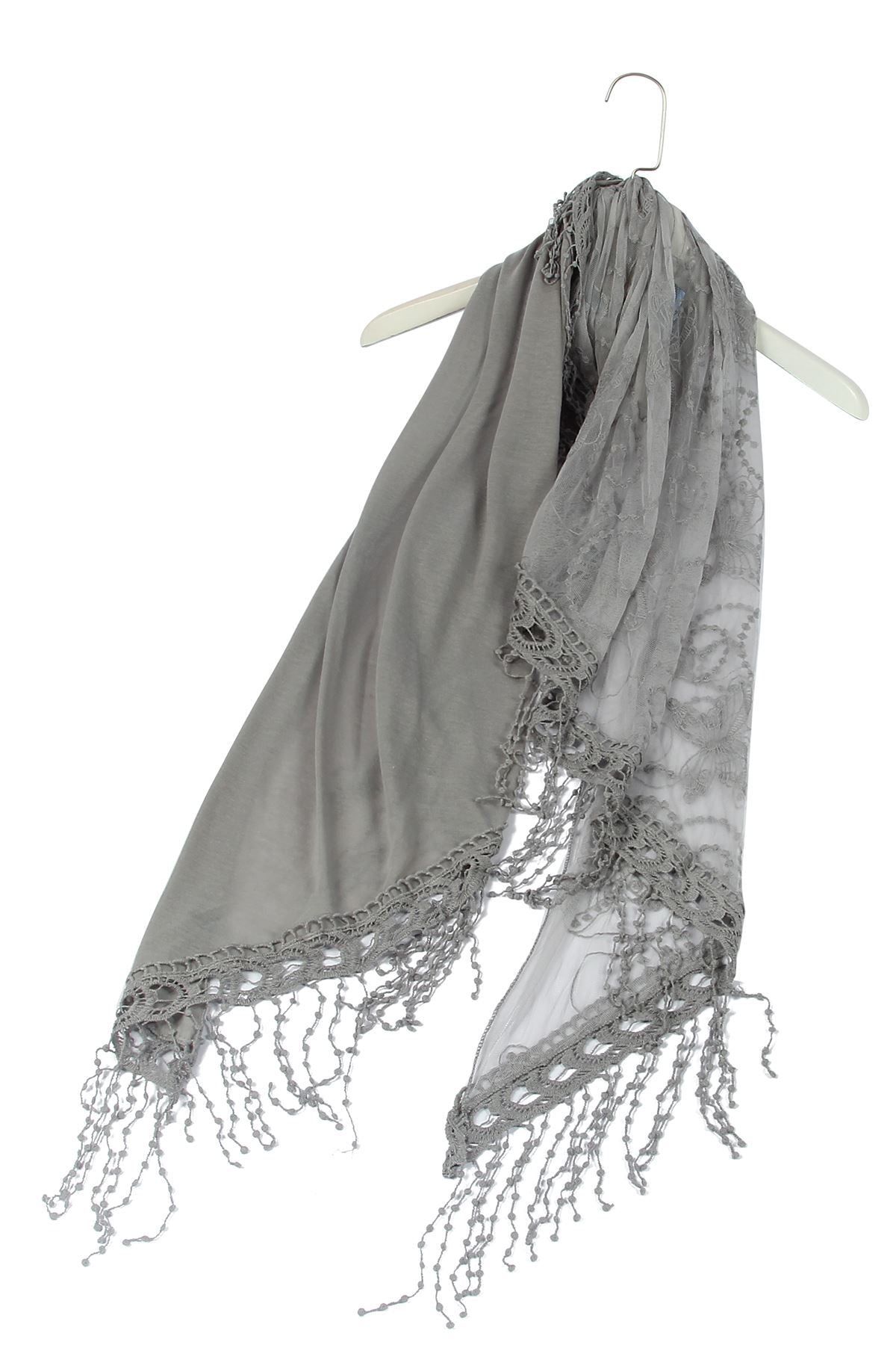 Cotton Trapezoid Scarf-Shawl, 80 cm x 198 cm x 70 cm, Butterfly Lace Patterned, Grey 1 