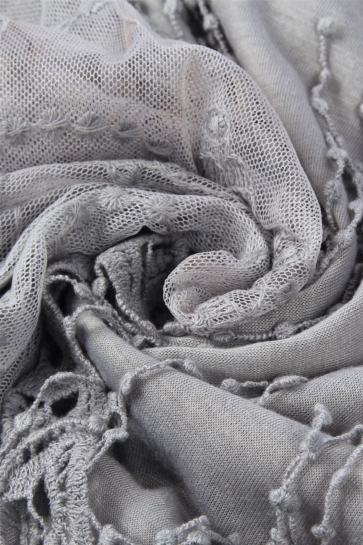 Cotton Trapezoid Scarf-Shawl, 80 cm x 198 cm x 70 cm, Butterfly Lace Patterned, Grey