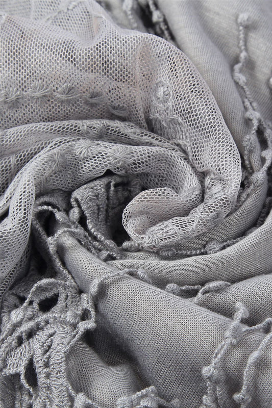 Cotton Trapezoid Scarf-Shawl, 80 cm x 198 cm x 70 cm, Butterfly Lace Patterned, Grey