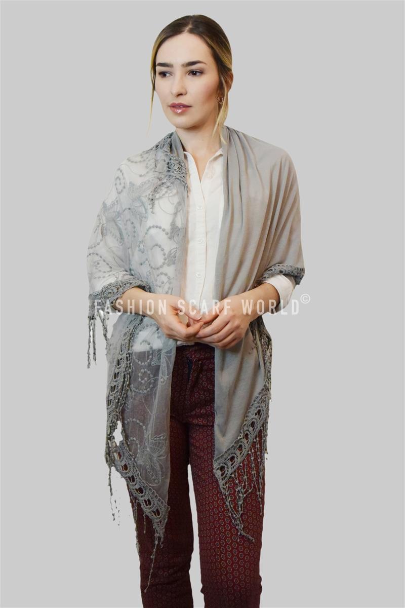 Cotton Trapezoid Scarf-Shawl, 80 cm x 198 cm x 70 cm, Butterfly Lace Patterned, Grey 3 