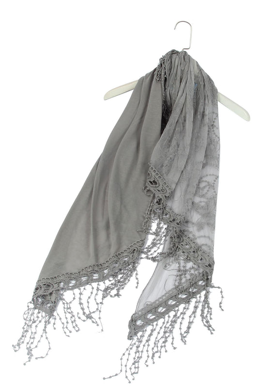 Cotton Trapezoid Scarf-Shawl, 80 cm x 198 cm x 70 cm, Butterfly Lace Patterned, Grey