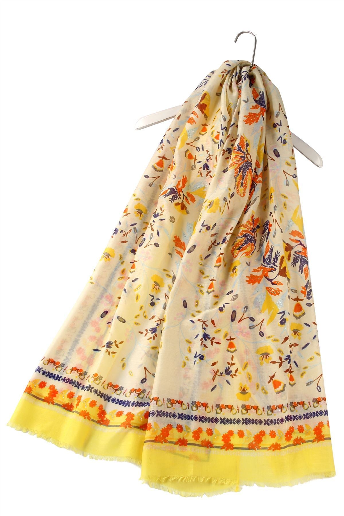 Bright Folk Style Floral Frayed Patterned Yellow Scarf-Shawl, 90 cm x 180 cm