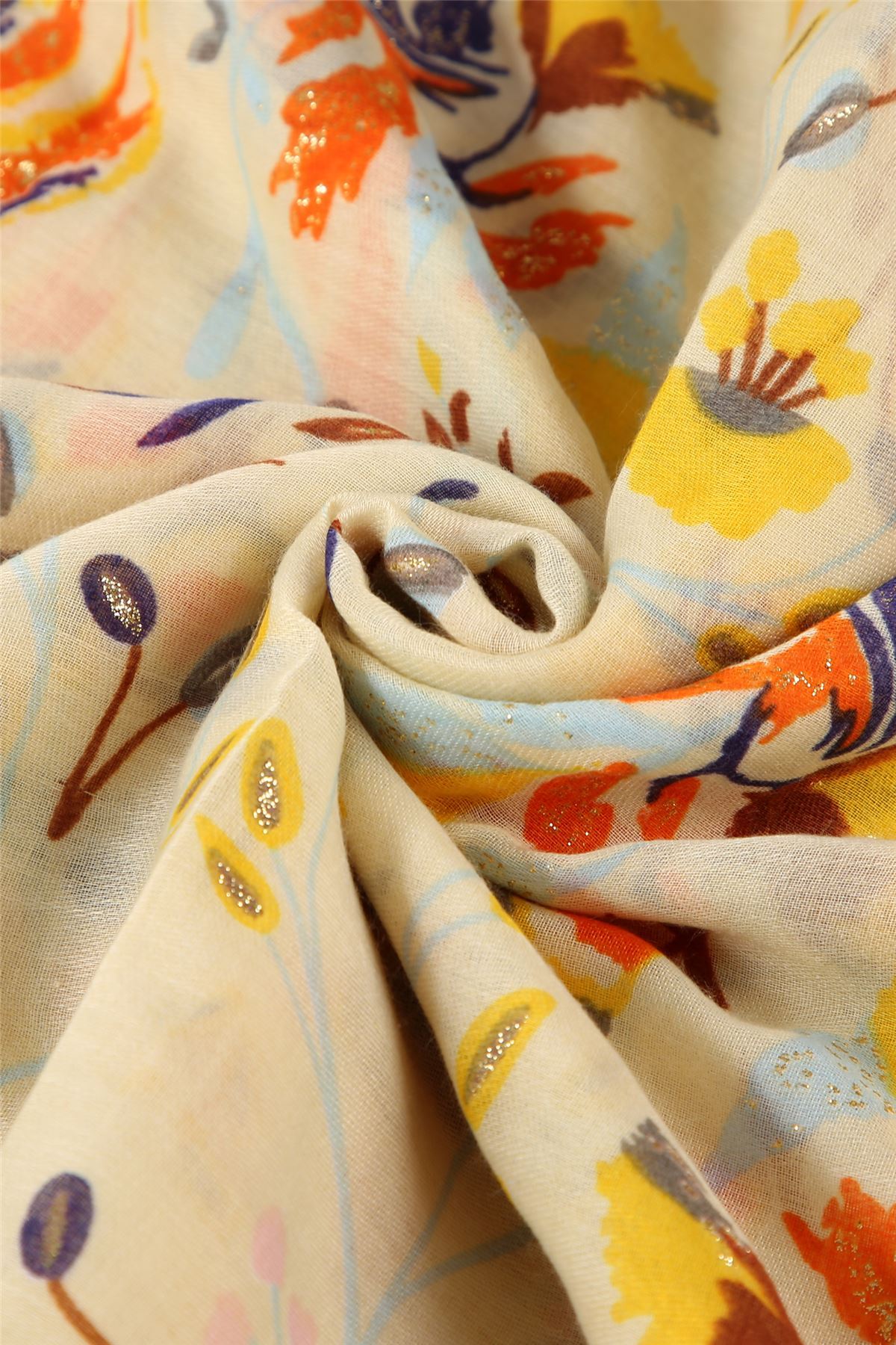 Bright Folk Style Floral Frayed Patterned Yellow Scarf-Shawl, 90 cm x 180 cm 2 