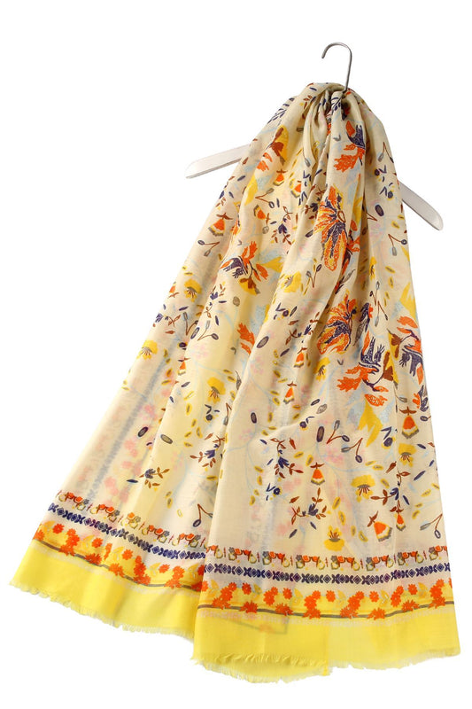 Bright Folk Style Floral Frayed Patterned Yellow Scarf-Shawl, 90 cm x 180 cm