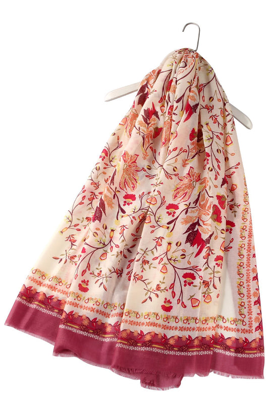 Bright Folk Style Floral Frayed Patterned Purple Scarf-Shawl, 90 cm x 180 cm