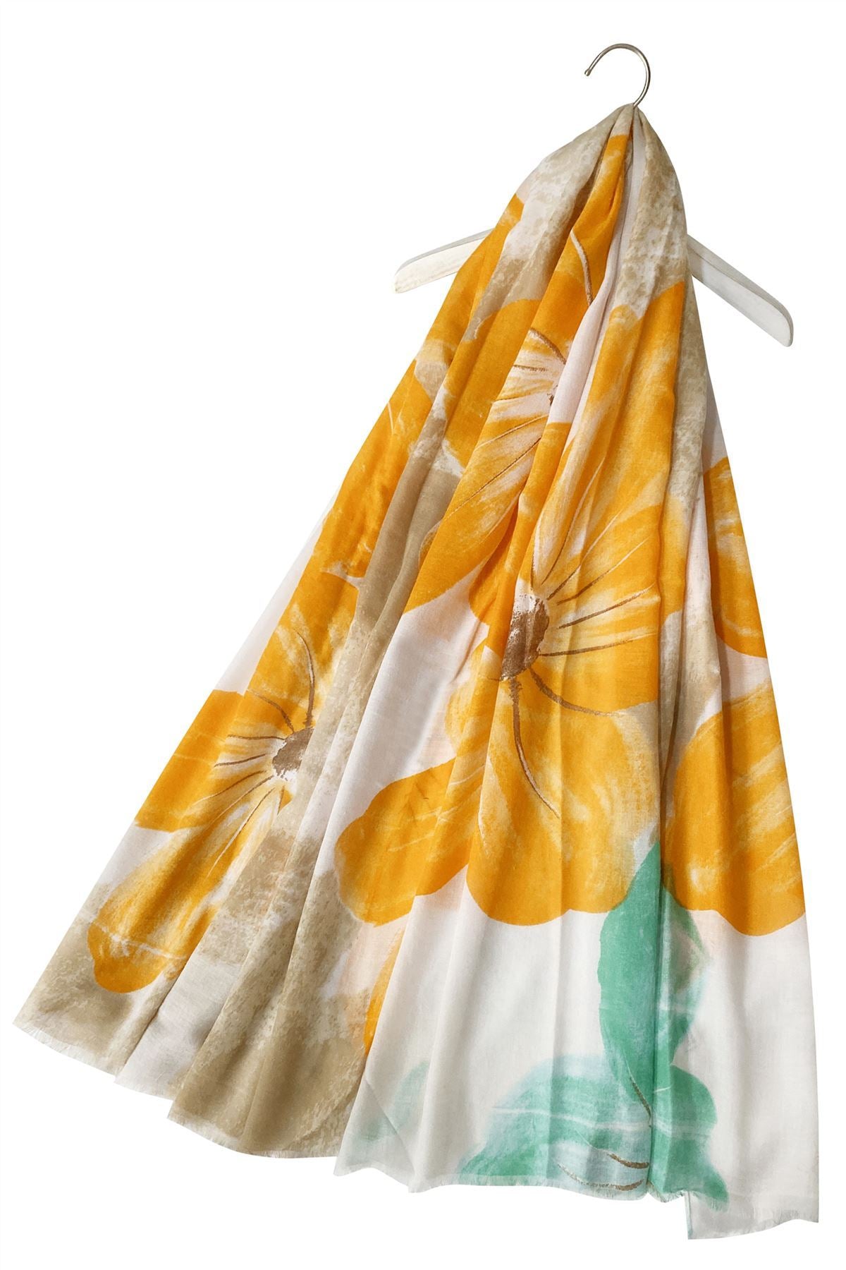 Cotton Scarf-Shawl, 85 cm x 180 cm, Large Painted Flower Patterned, Orange 1 