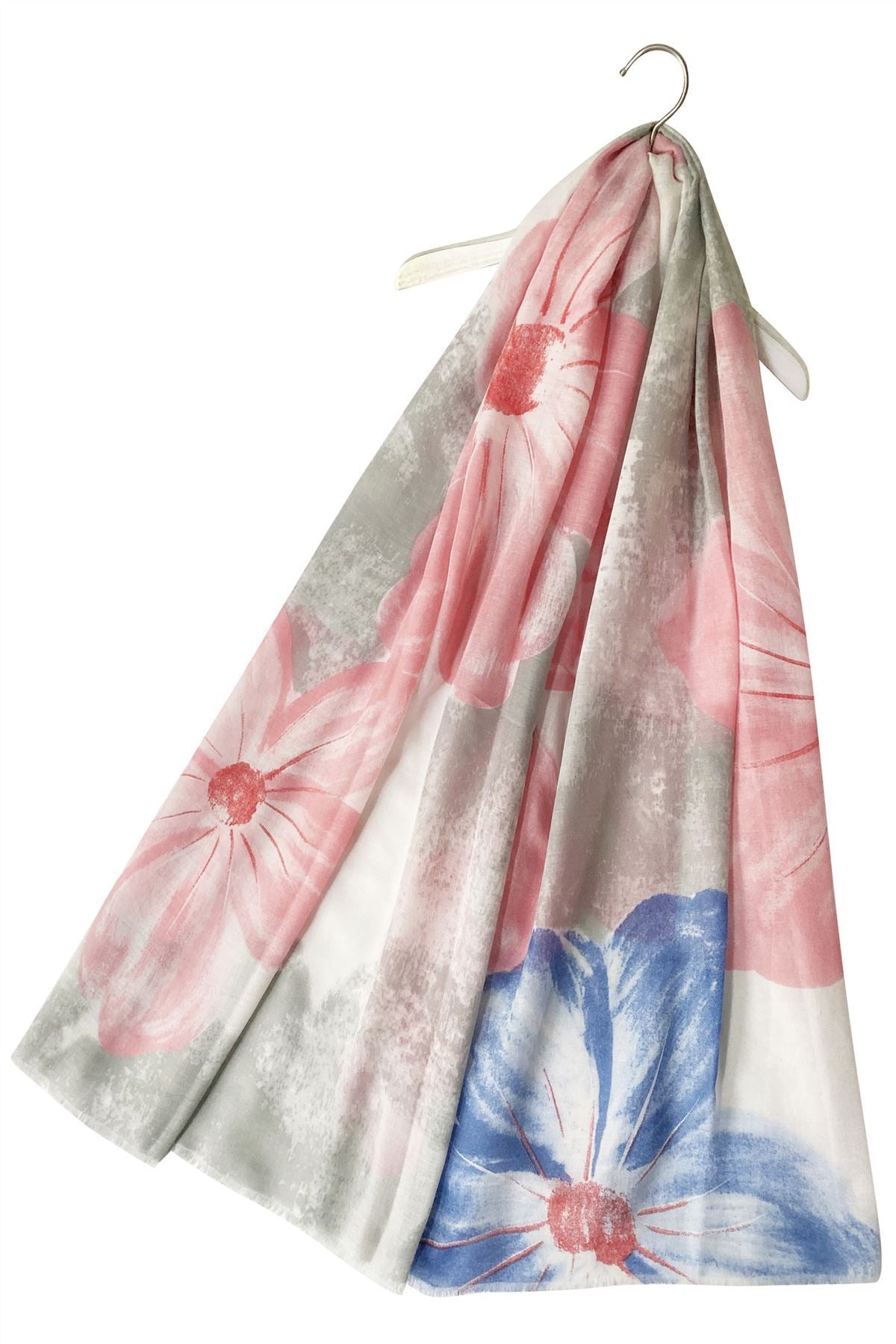 Cotton Scarf-Shawl, 85 cm x 180 cm, Large Painted Flower Patterned, Coral 1 
